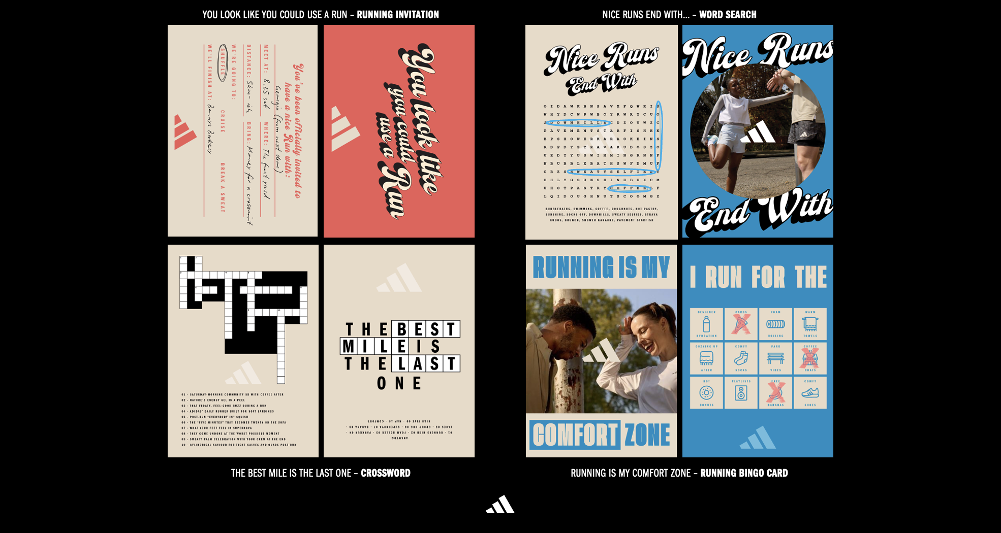 This set of interactive postcards bring out what Supernova runners truly love about their runs.
A retro-styled word search, crossword and invitation gives runners a reason to pick up, keep, or give our cards