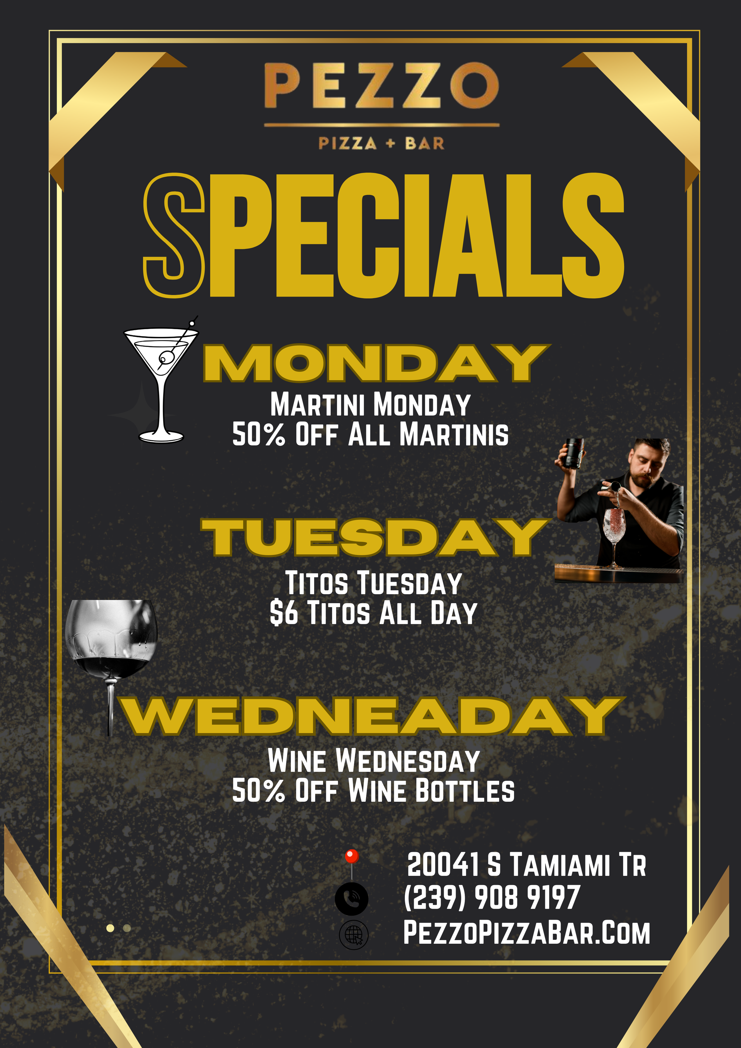 Weekly specials and happy hour at Pezzo Pizza + Bar Italian restaurant and bar in Estero FL