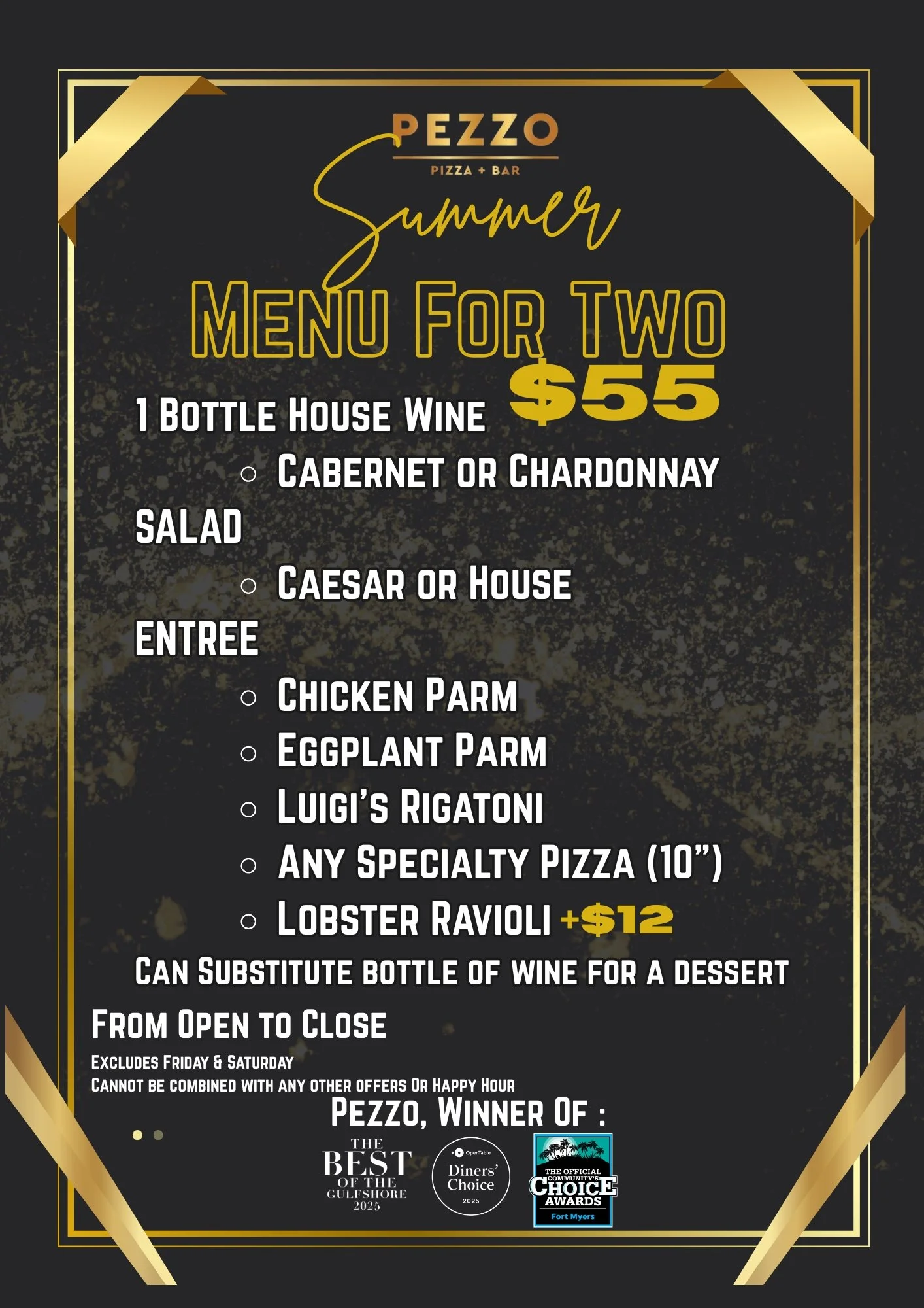 Early dining menu special at Pezzo Pizza + Bar Italian restaurant in Estero Florida