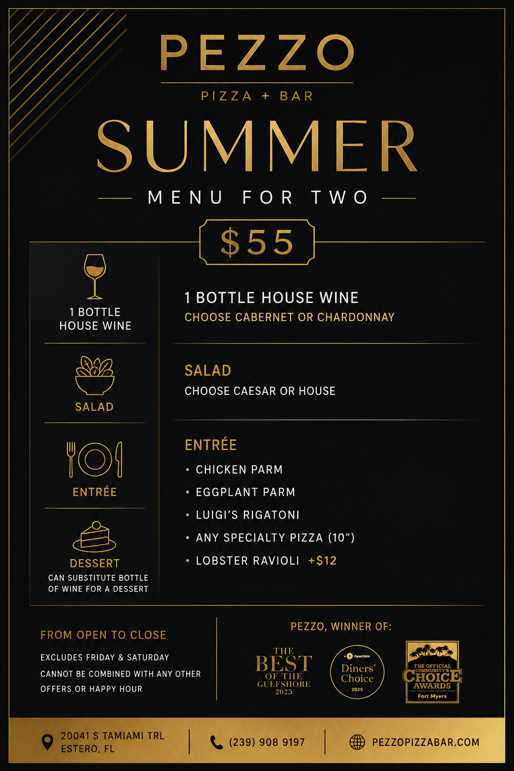 Early dining menu special at Pezzo Pizza + Bar Italian restaurant in Estero Florida