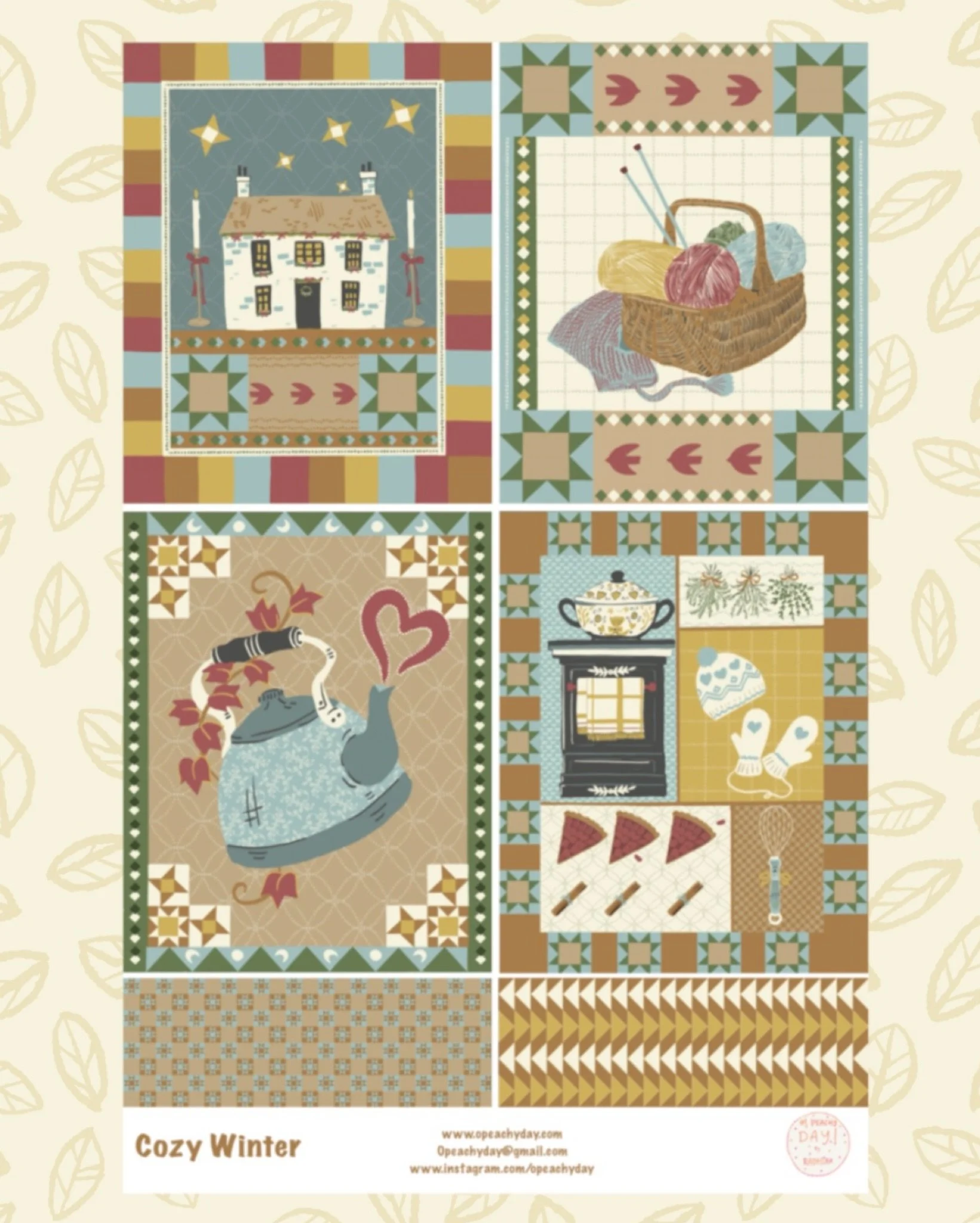 The complete Cozy Winter collection. 🍂🏡 four illustrations, 2 repeat patterns, one feeling: home. After sharing each piece last week, I&rsquo;m excited to present them together&mdash;from autumn teapots to quilted kitchens to cottages dressed in we