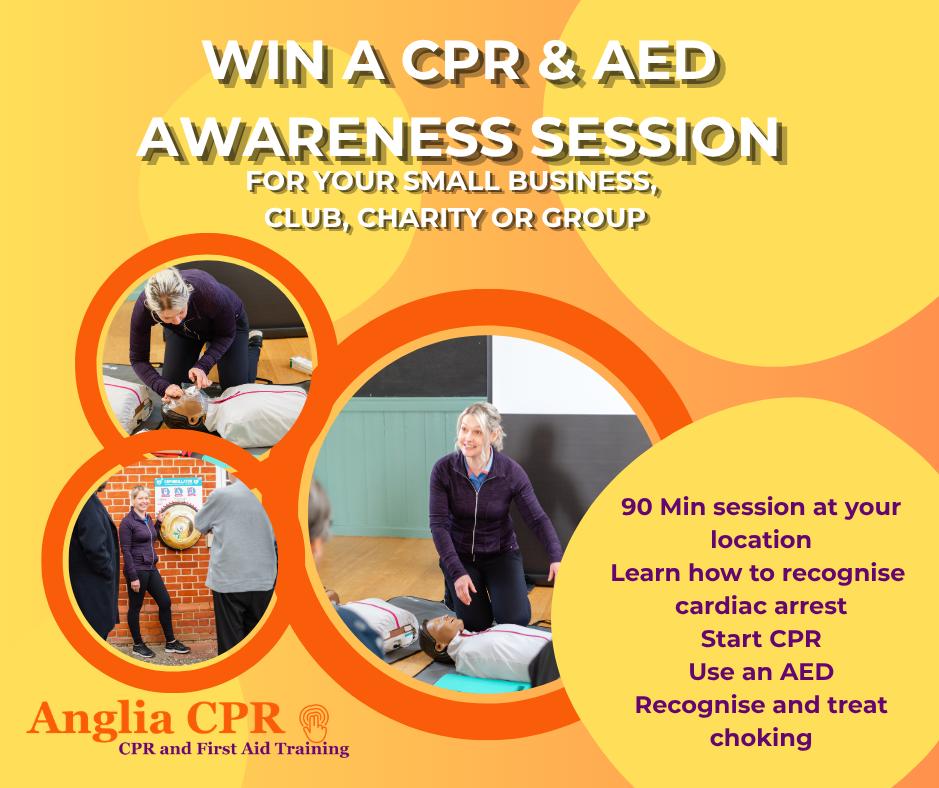 A poster advertising a CPR and AED awareness session, featuring images of CPR training, with yellow and orange background and text promoting a 90-minute session.