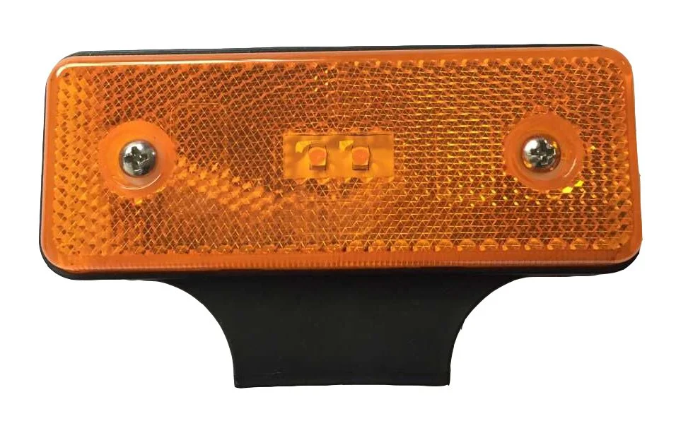 A rectangular orange LED trailer light with a reflective surface, two screws on the sides, and a small reflective strip in the center, mounted on a black base.
