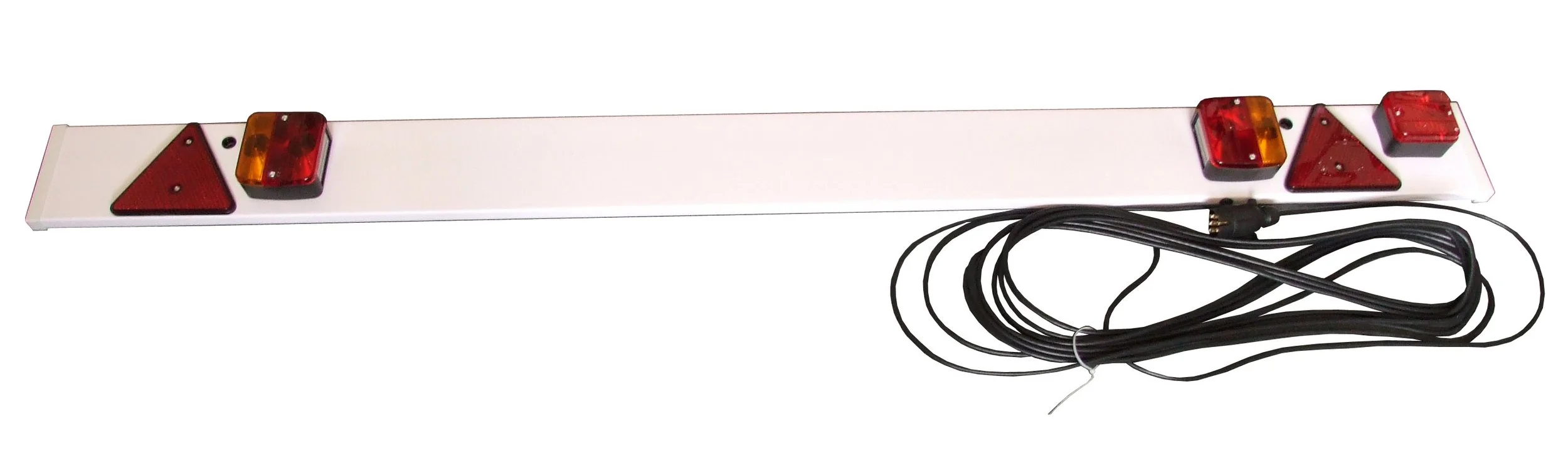 Trailer LED light bar with red and amber lights and black wiring.