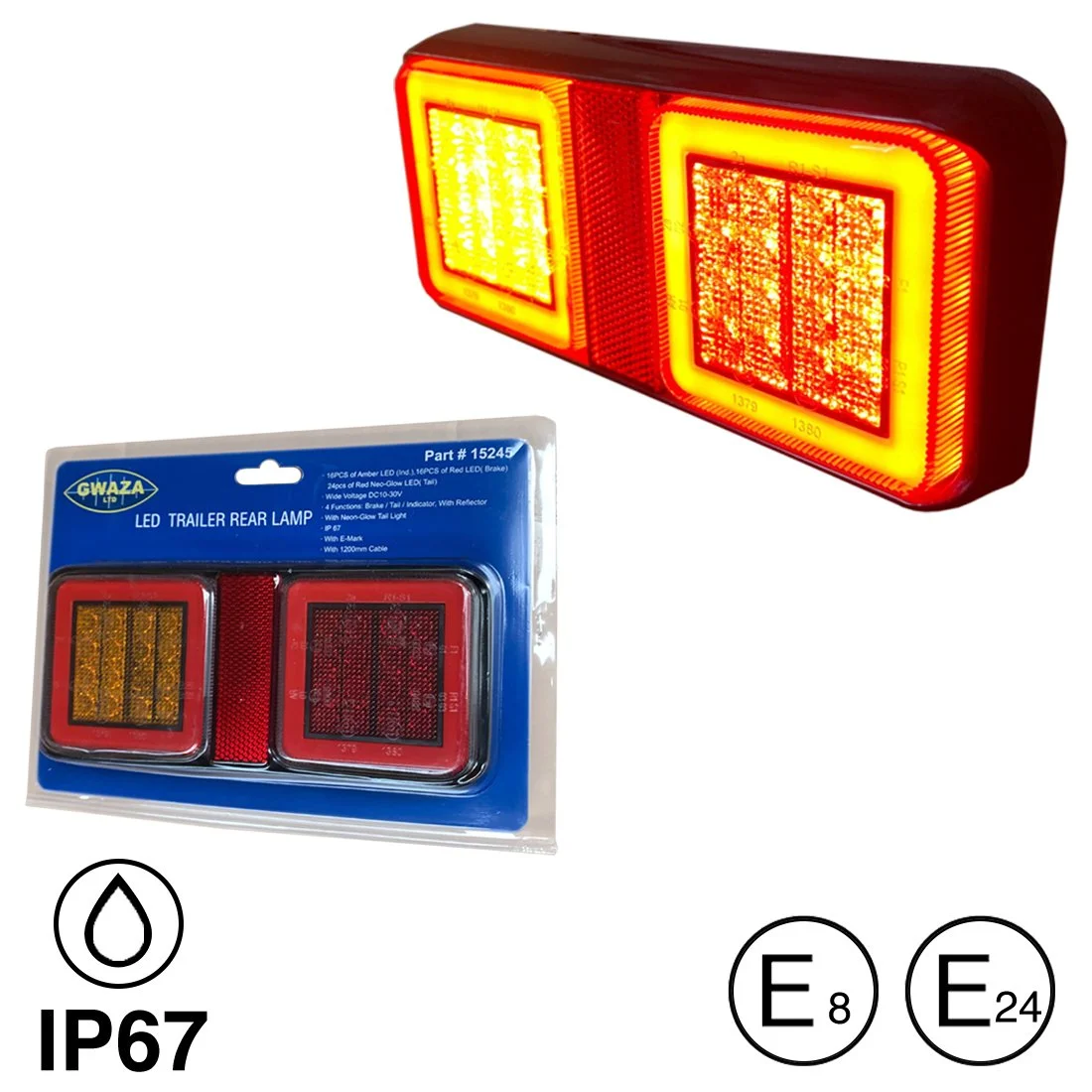 LED trailer rear lamp with packaging, showing red and yellow lights, IP67 water resistance rating, and ECE approval marks E8 and E24.