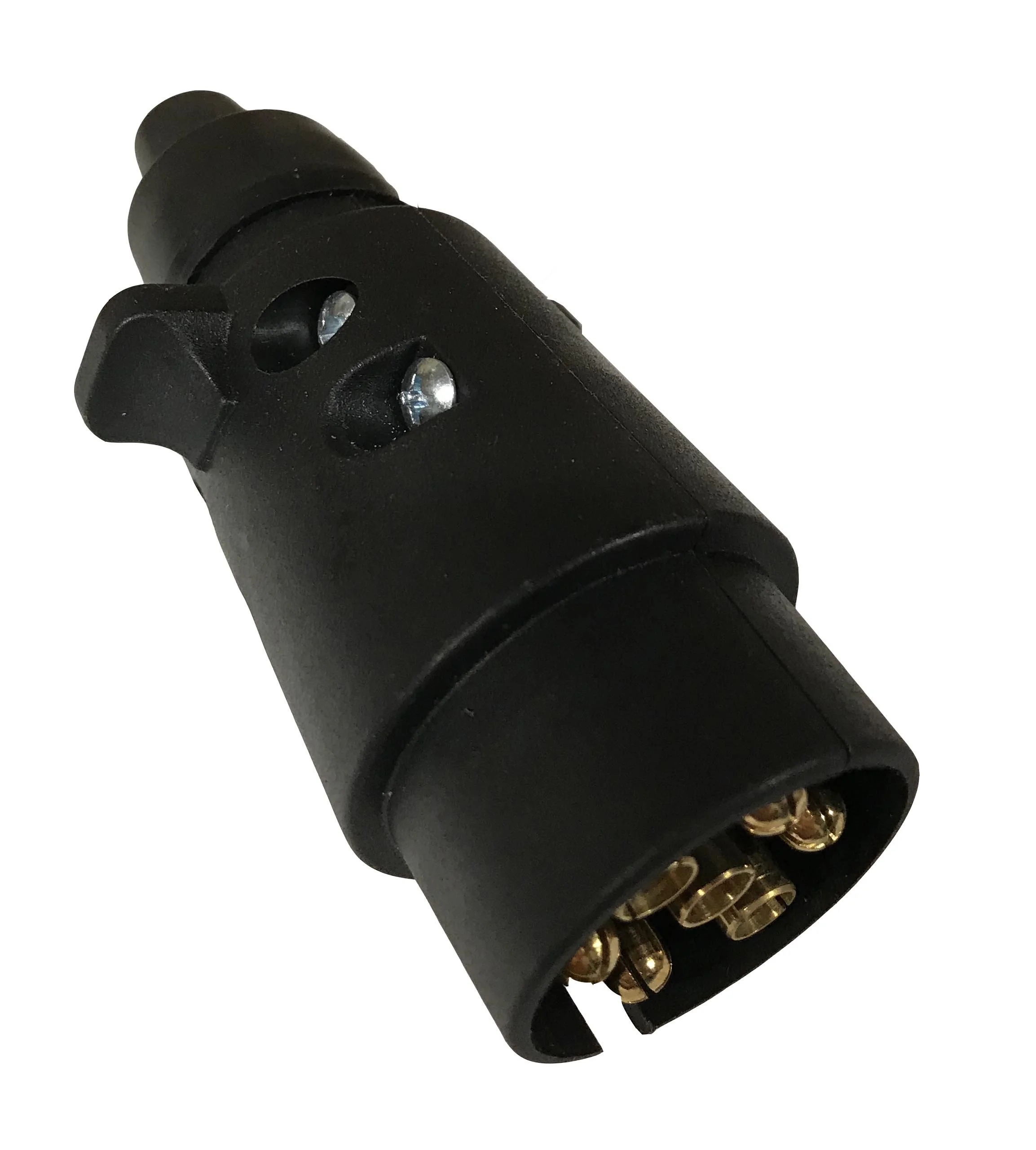 Black trailer plug connector with gold-colored pins.