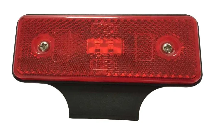 A rectangular red LED trailer light with a reflective surface, two screws on the sides, and a small reflective strip in the center, mounted on a black base.