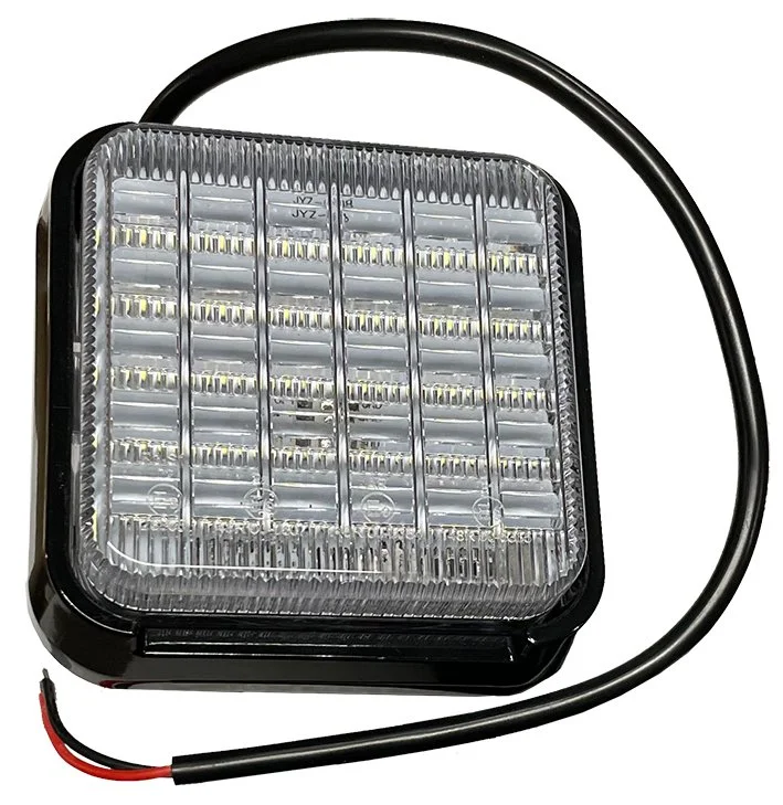 Square LED trailer fog light with black frame and attached power cord.