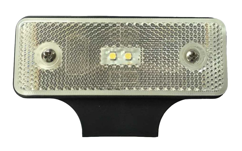 A rectangular white LED trailer light with a reflective surface, two screws on the sides, and a small reflective strip in the center, mounted on a black base.