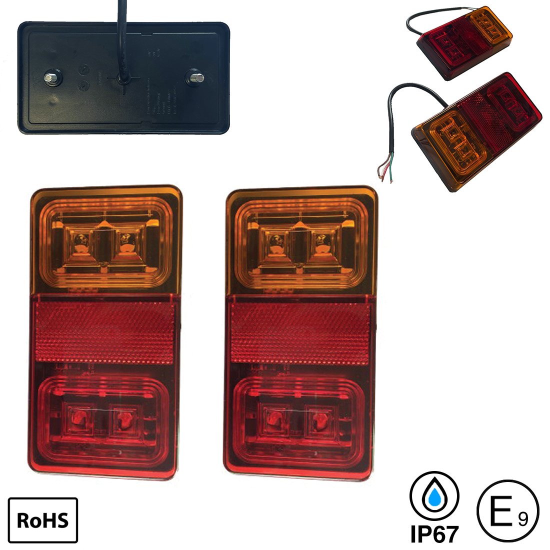 Two rectangular trailer rear lights with amber and red lenses, two smaller amber lenses with wires, and a black plastic mounting base with electrical terminals, along with certification marks RoHS, IP67, and E9.