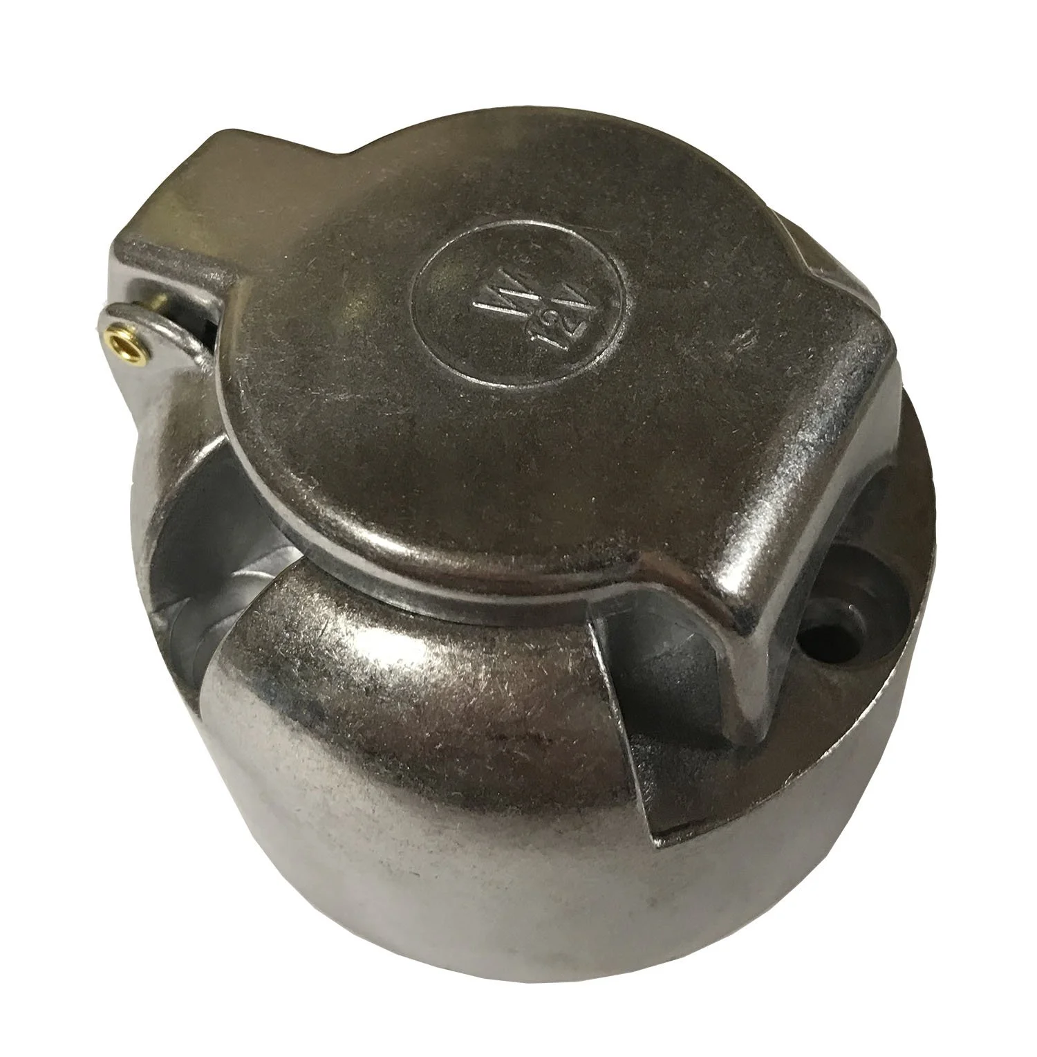 Black trailer plug connector with a circular top and numbered marking '14V' on the surface.