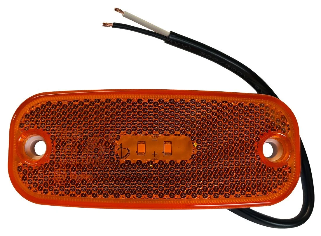 Orange trailer reflector with two mounting holes and a black and white electrical wire.