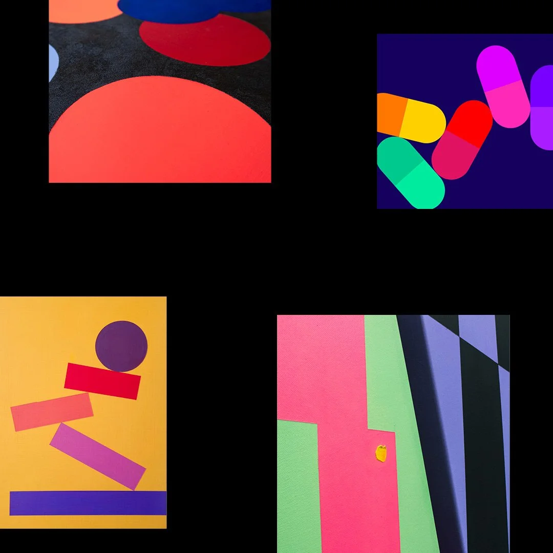 Four abstract images with vibrant colors and geometric shapes.