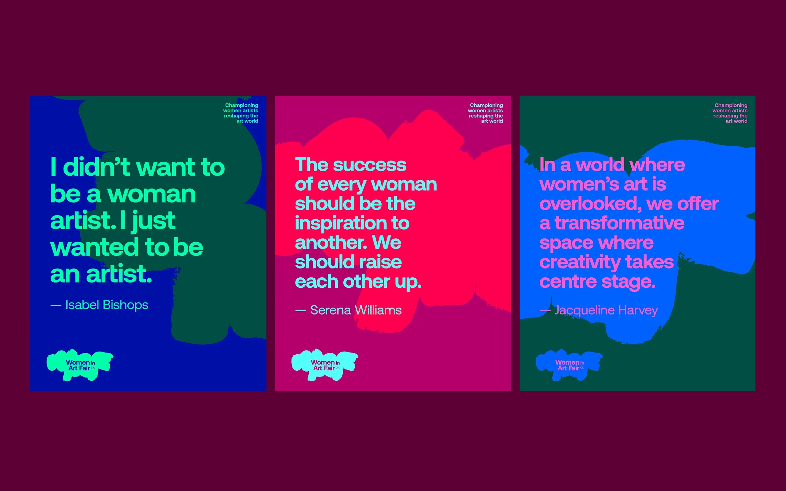 Three colorful posters with quotes from women artists, featuring the Women in Art Fair logo at the bottom of each poster.