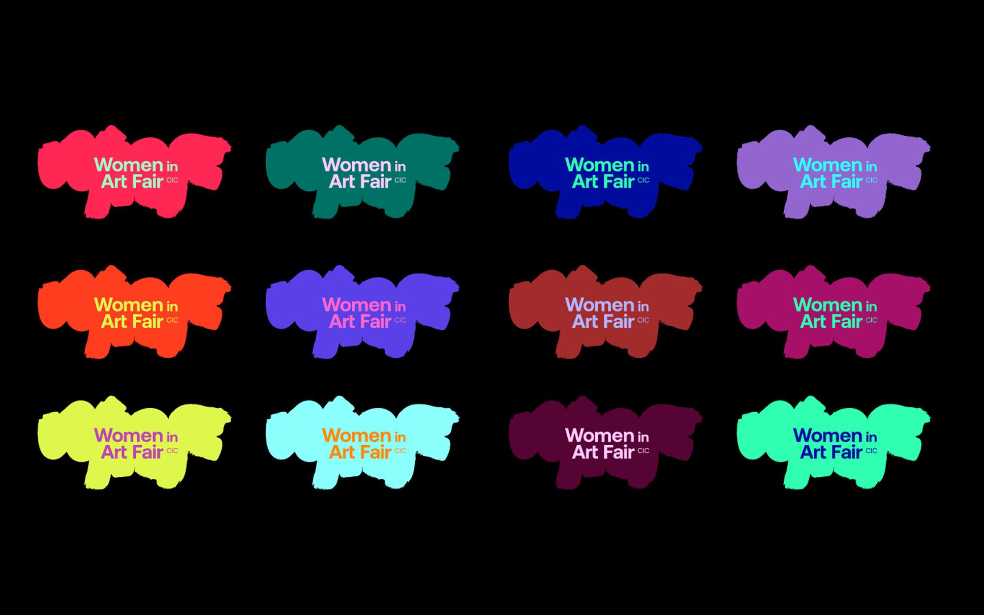 A collection of fifteen colorful, brushstroke-like graphic designs arranged in a grid with three rows and five columns. Each design contains the text "Women in Art Fair CIC" in different color combinations and backgrounds.