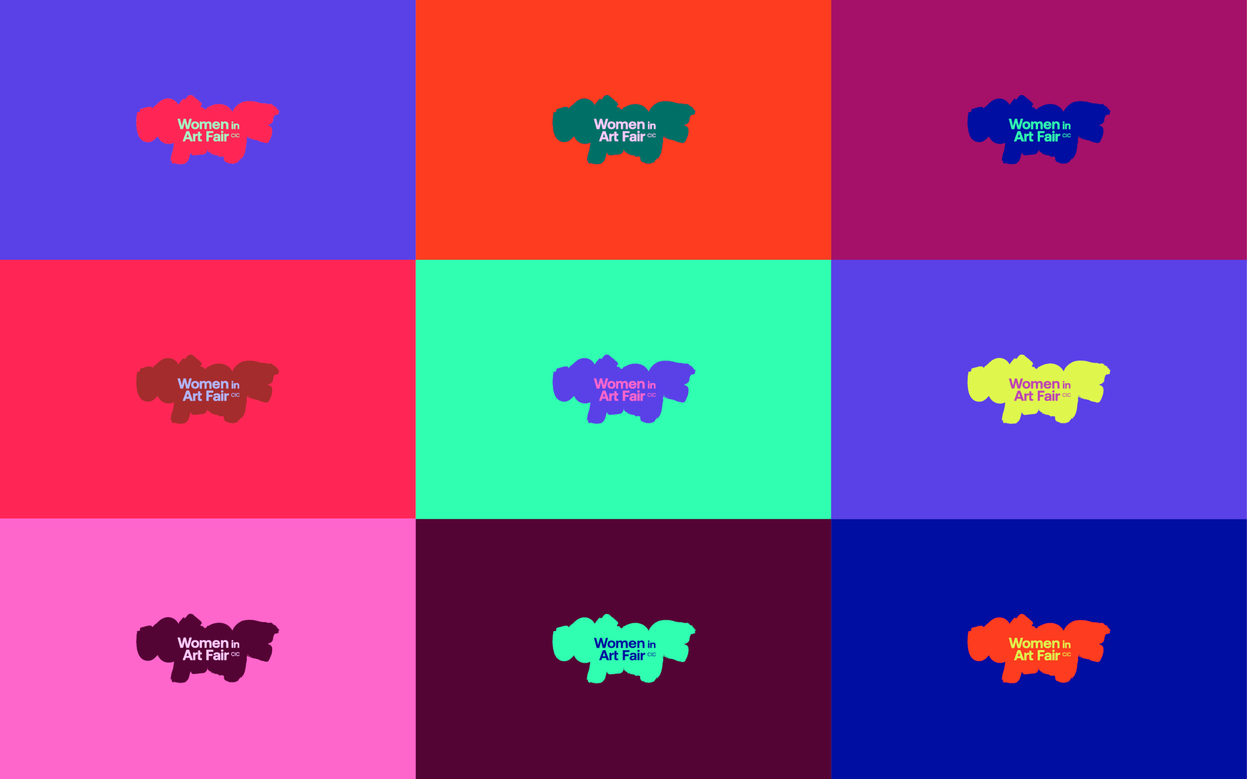 A grid of nine colorful squares, each with a stylized dog silhouette that contains the text "Women in Art Fair CIC" in different color combinations.