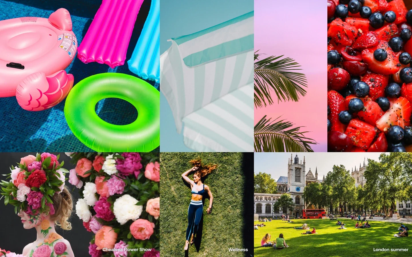 Summer colour mood baord, including pool floats, a striped sunshade, palm leaves, mixed berries, a flower show, a woman doing yoga outdoors, and a park scene in London with people relaxing on the grass.