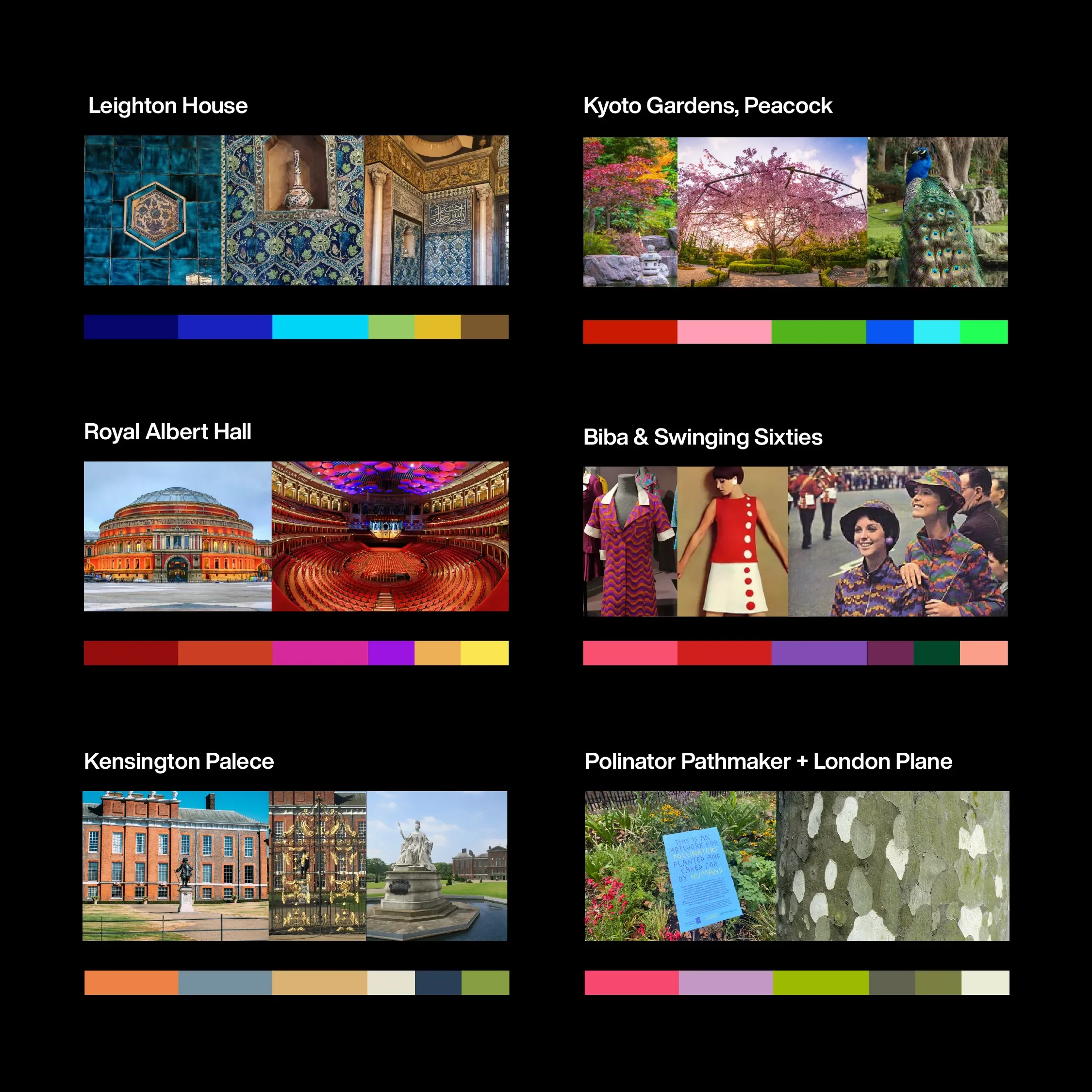 Kensington colour inspiration: Navy blue tiles in Leighton House, pink cherry blossoms and Peacock in Kyoto Gardens, velvet red from Royal Albert Hall.