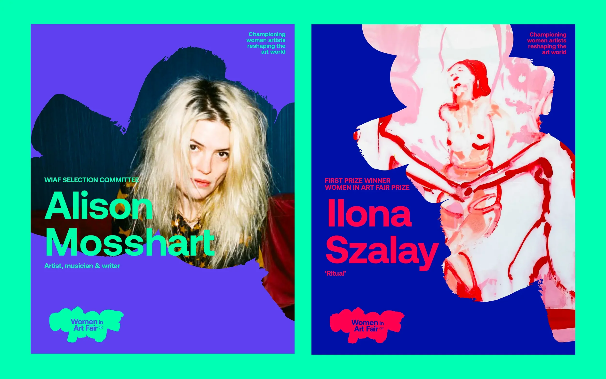 Social posts for Women in Art Fair The left is of Alison Mosshart with blonde hair, set against a purple background. The right portrait is of Ilona Szalay, an art prize winner, depicted in an abstract, colorful style against a dark blue background.