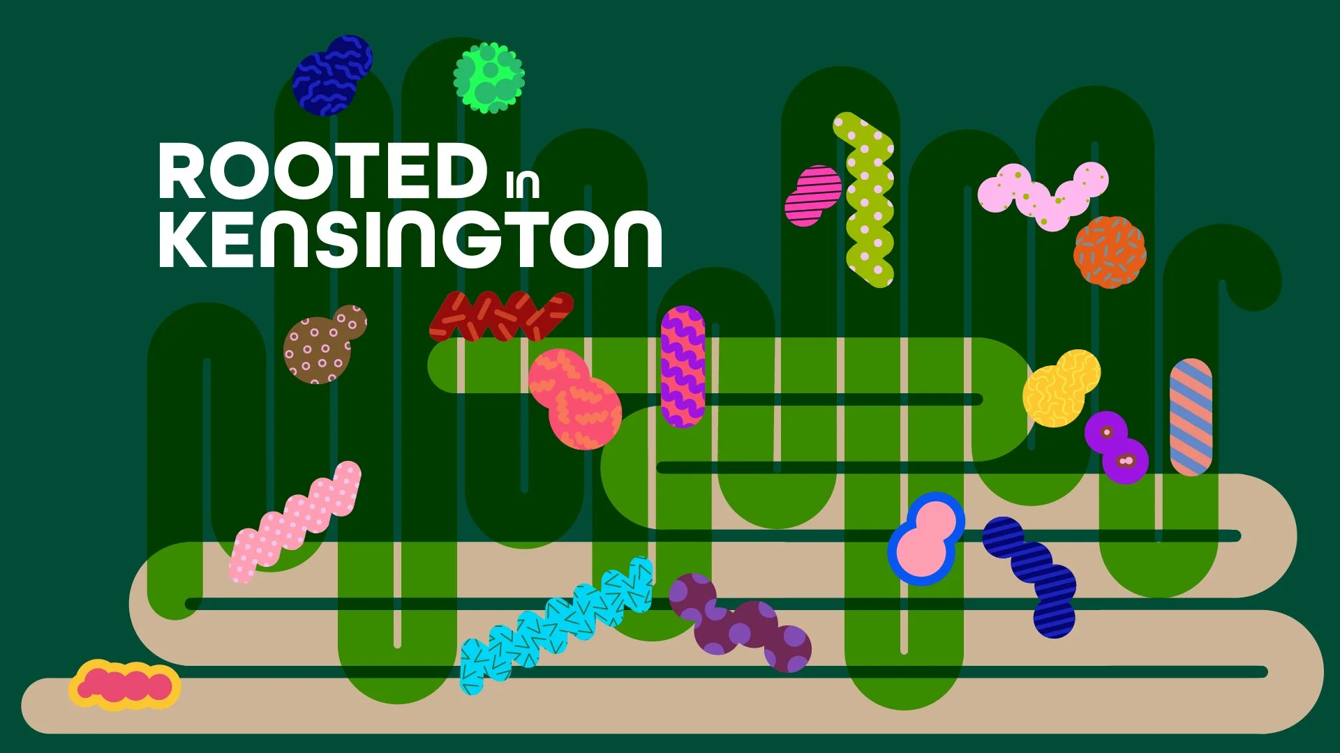 Illustration of bacteria with the text "Rooted in Kensington."
