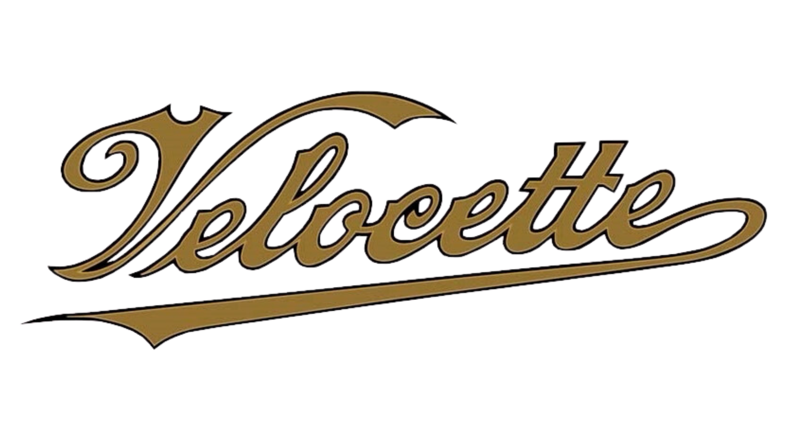 gold serif Velocette logo in gold with black outline