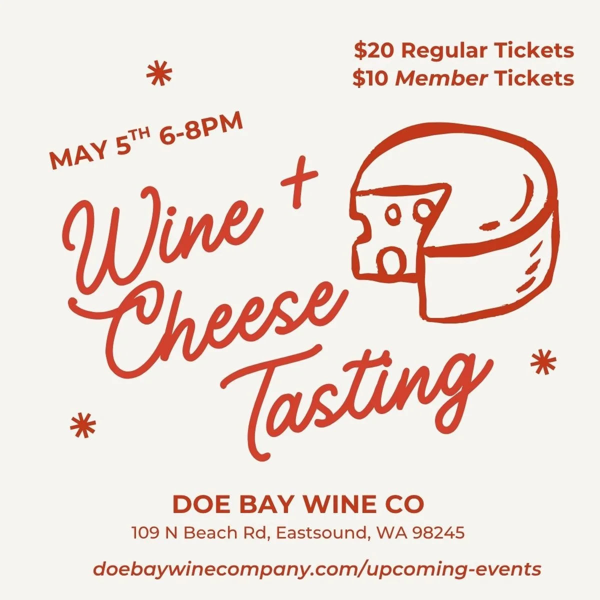 Wine and cheese Tasting Orcas Island May 5th 6-8pm
