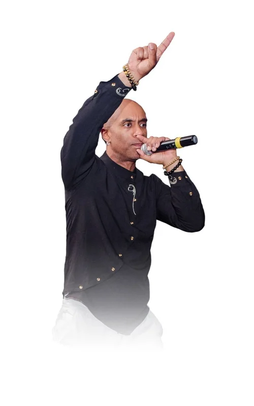The Kung Fu DJ speaking into a microphone