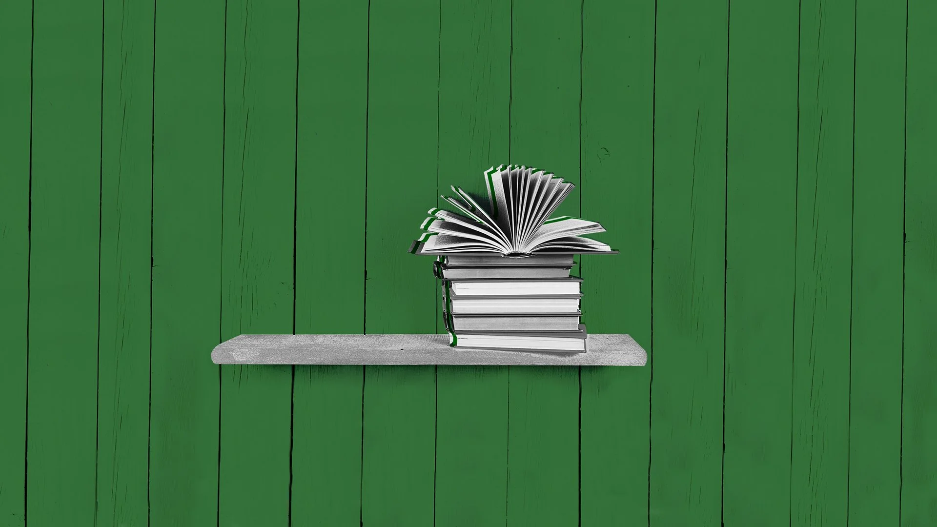 Books displayed against a green background