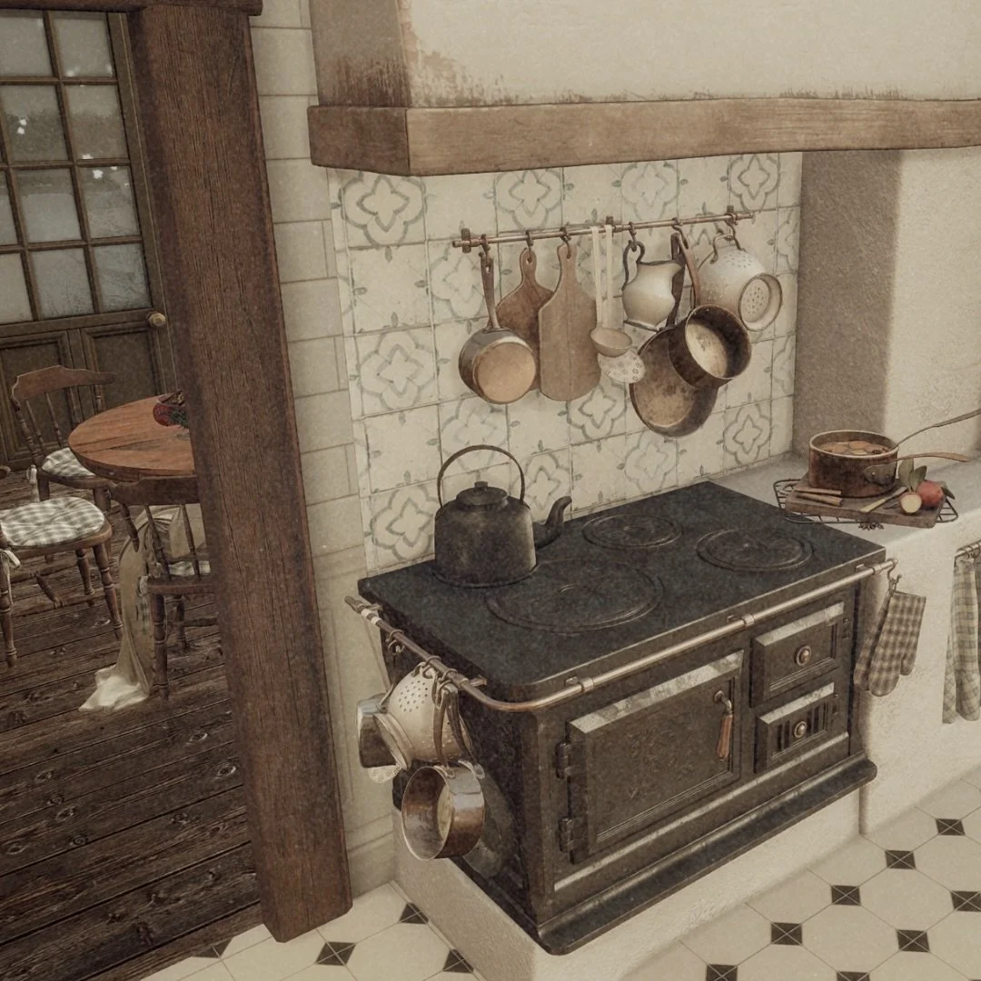 A rustic farmhouse kitchen where everything feels handmade and loved.
The old oven, the warm wood, the little details &mdash; it&rsquo;s the kind of kitchen where Christmas cookies disappear too fast, and mornings smell like cinnamon and fresh bread.