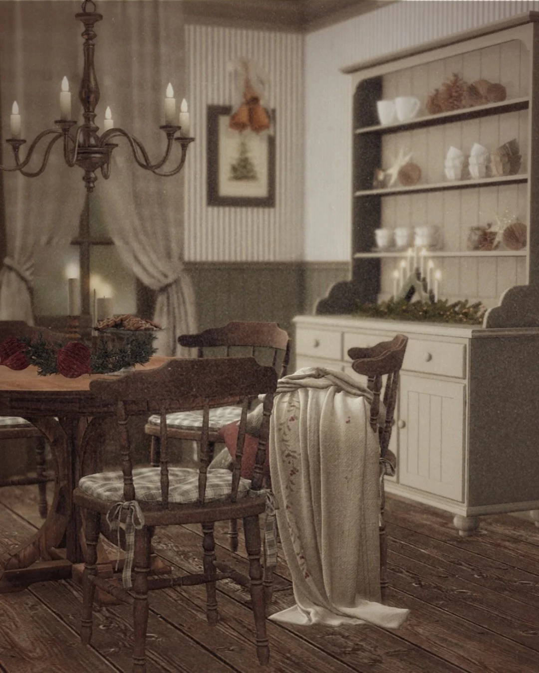 A rustic dining room set for slow December evenings and long conversations.
Here, dinners stretch late into the night, candles flicker, and the whole room smells like warm spices and winter comfort. A place where Christmas truly gathers. 🎄🤍

#sims4