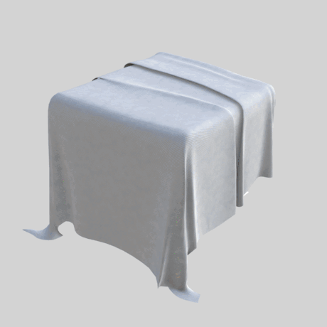 3D animation of a cloth appearing and disappearing on a cube-shaped object, light gray background.