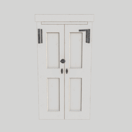 A white, vintage-style revolving door with rectangular panels and black hardware, rotating 360 degrees.