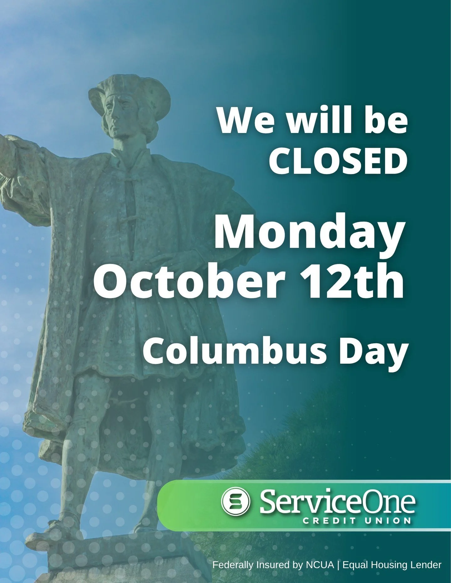 ⏰ Before you make the trip, we will be closed on Monday, October 12th for the federal holiday! 

Need something before the long weekend? Stop by a branch before this Sunday or visit us online at socu.com 

As always, our ATMs and online banking are a