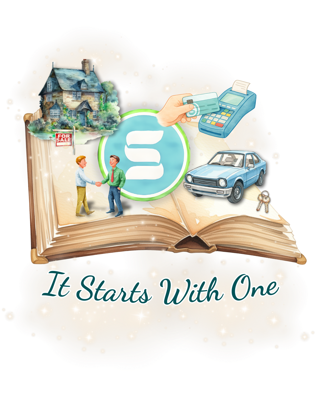 It Starts With One pop up story book with watercolor cottage, credit card, car, keys, financial advisors, and SOCU logo