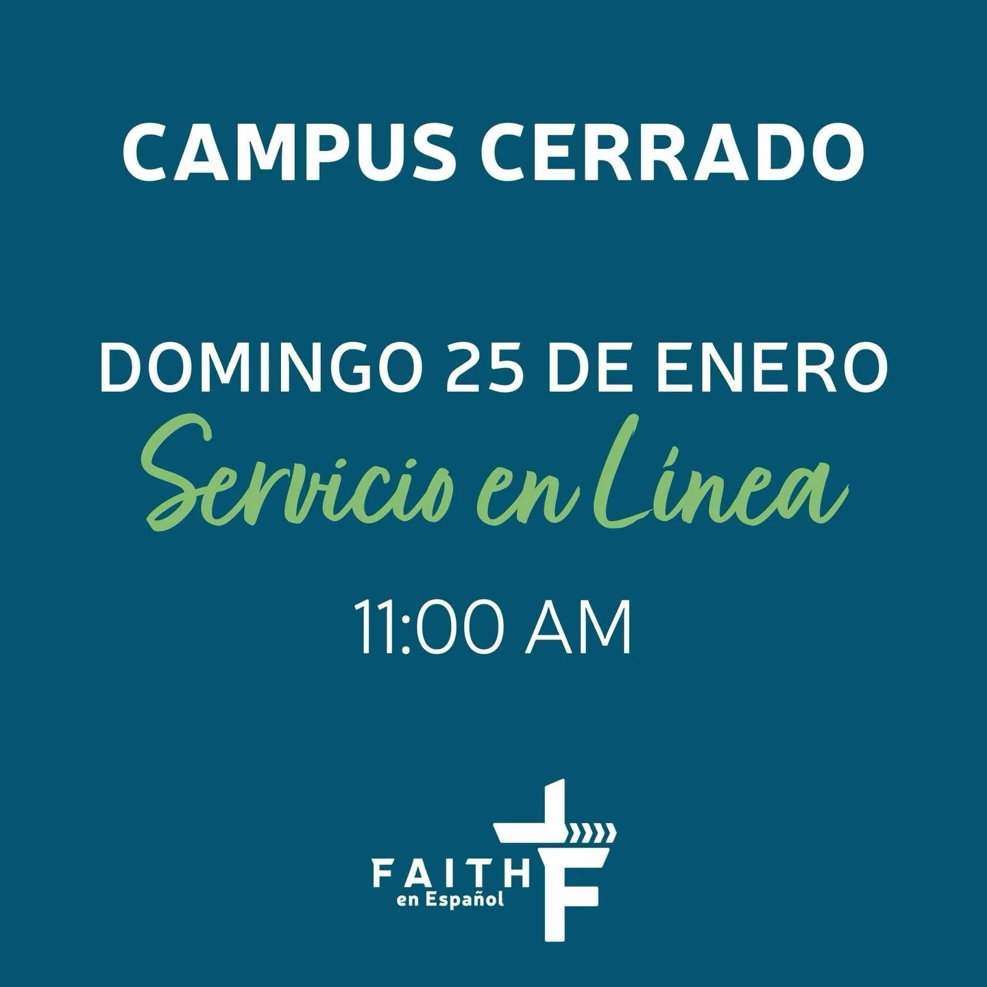 Debido a las condiciones clim&aacute;ticas previstas para este fin de semana, nuestro campus estar&aacute; cerrado el Domingo 25 de Enero.

Participa en nuestro servicio en l&iacute;nea a las 11 AM, transmitido a trav&eacute;s de nuestro canal de You