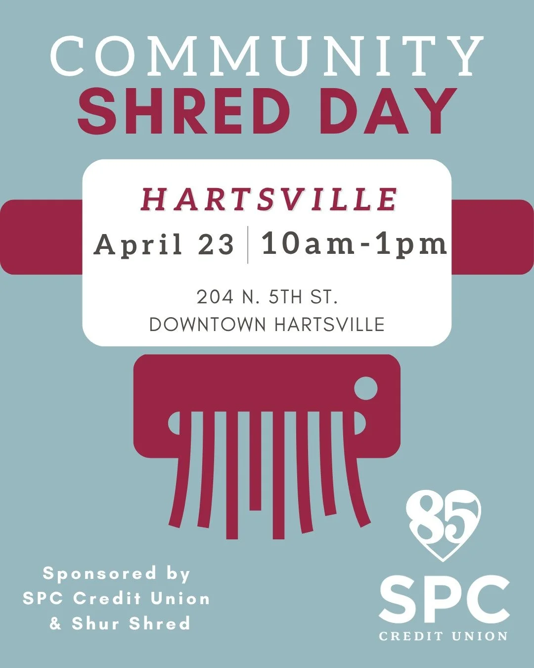 Shred day is almost here! 📥✂️

This Thursday, bring your old piles of paper to our Hartsville Branch and let Shur Shred take care of the rest.

✨ Open to the entire community! You don't have to be an SPC member to participate, so tell a neighbor!

#