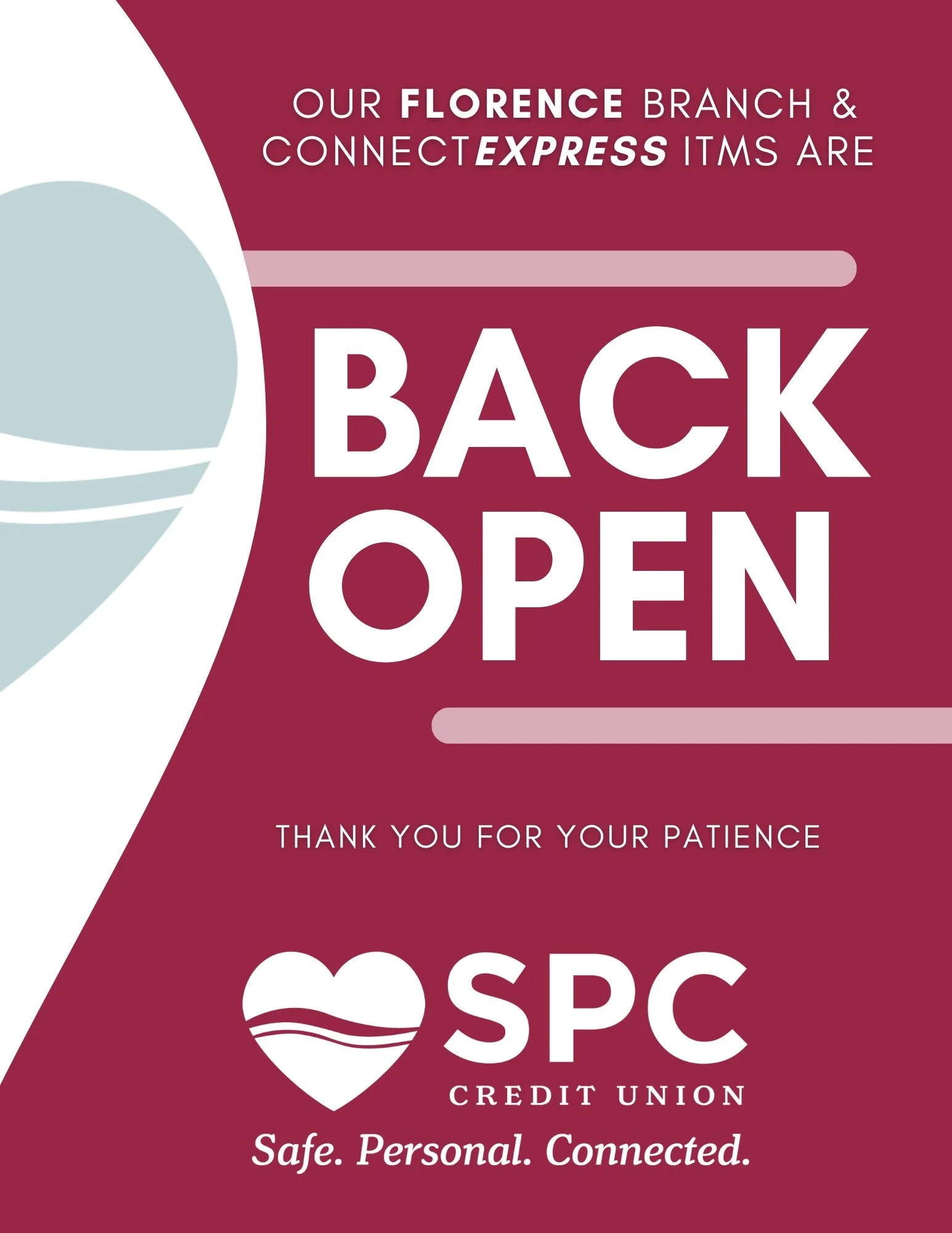 Our Florence Branch and CONNECTEXPRESS ITMs are back open for normal operations! 

Thank you so much for your patience and understanding while we worked through the outage. We are ready and excited to serve you! 🩵