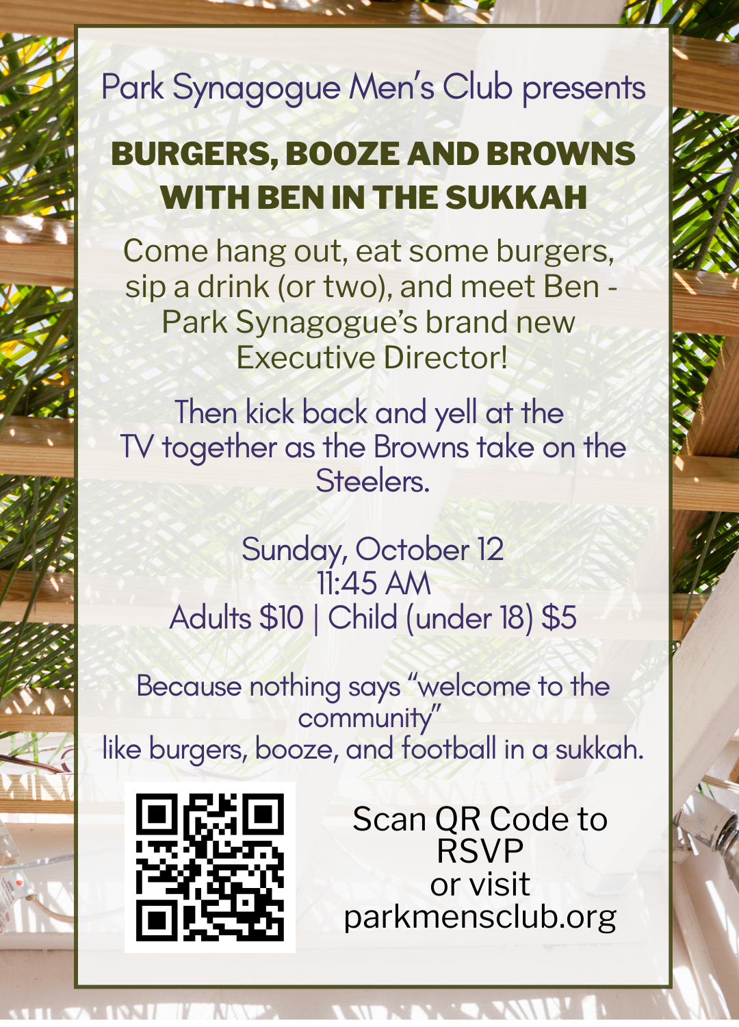 Park Synagogue Men's Club: Burgers, Booze and Browns with Ben in the Sukkah