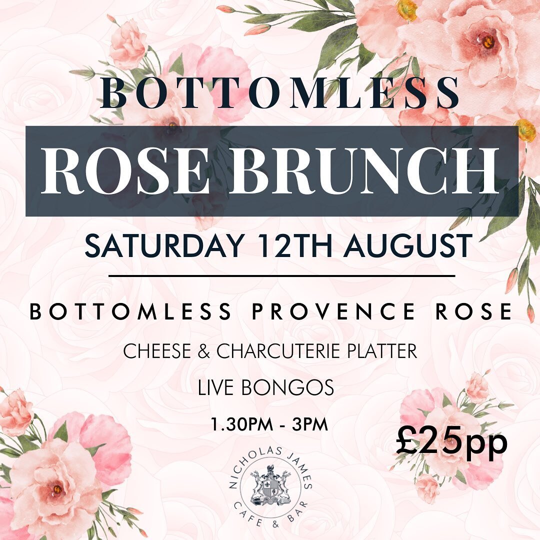Rose Bottomless Brunch is back!🍷  Join us on Saturday 12th August for an exclusive afternoon of summer rose brunching!   Here&rsquo;s what to expect;  💃🏽 Great music 🥁 Live bongos 🍷 1.5 hours of bottomless C&ocirc;tes De Provence Ros&eacute; 🧀 