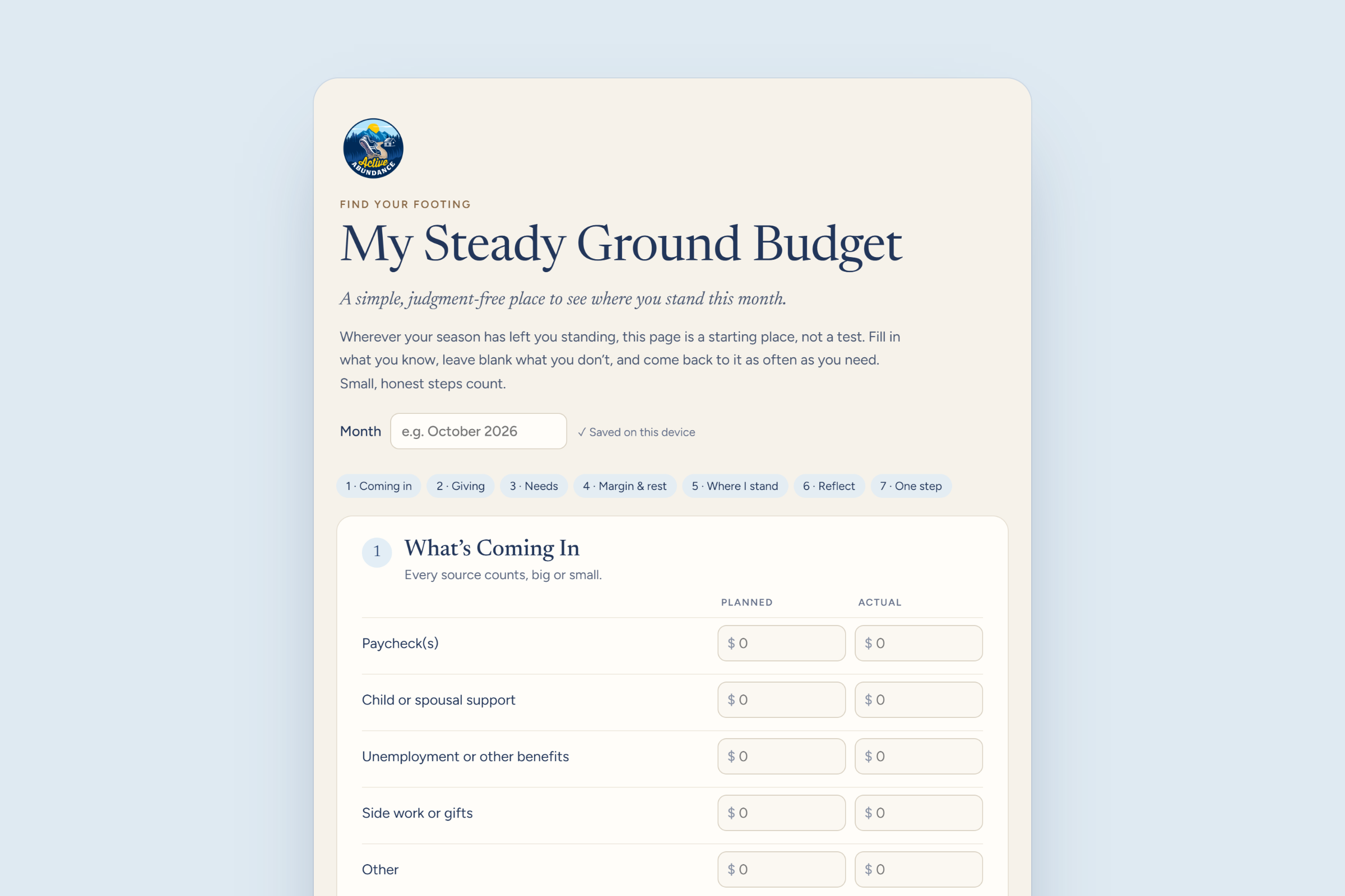 Worksheet image: Steady Ground Budget worksheet from Active Abundance