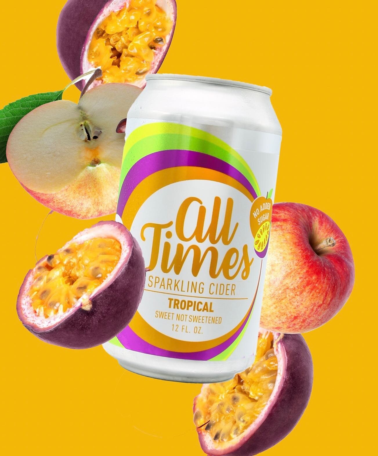 Bright and flavorful, we make All Times Tropical with apples and passionfruit! Who says delicious has to be complicated? Sweet not sweetened, made with 100% locally sourced apples. 

 #locallysourced #sparklingcider #alltimes #enjoyalltimes #realfrui