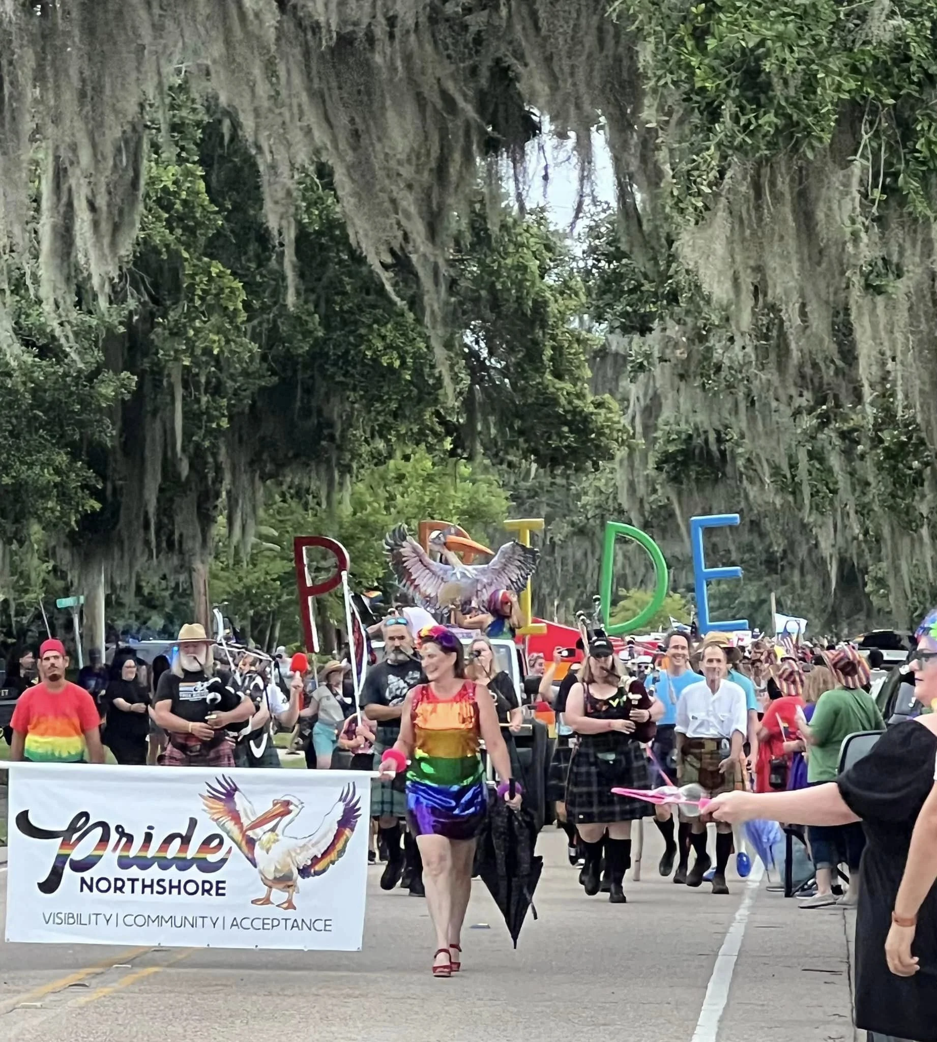 A pride parade with people marching on a tree-lined street, holding a banner that reads 'pride NORTHSHORE' and featuring a landing between two feathers. Participants are wearing colorful clothing, and some are dressed in rainbow attire. Large letters spelling 'PRIDE' are held by parade participants, and the scene is festive with a large, decorated float featuring a pelican with its wings spread.