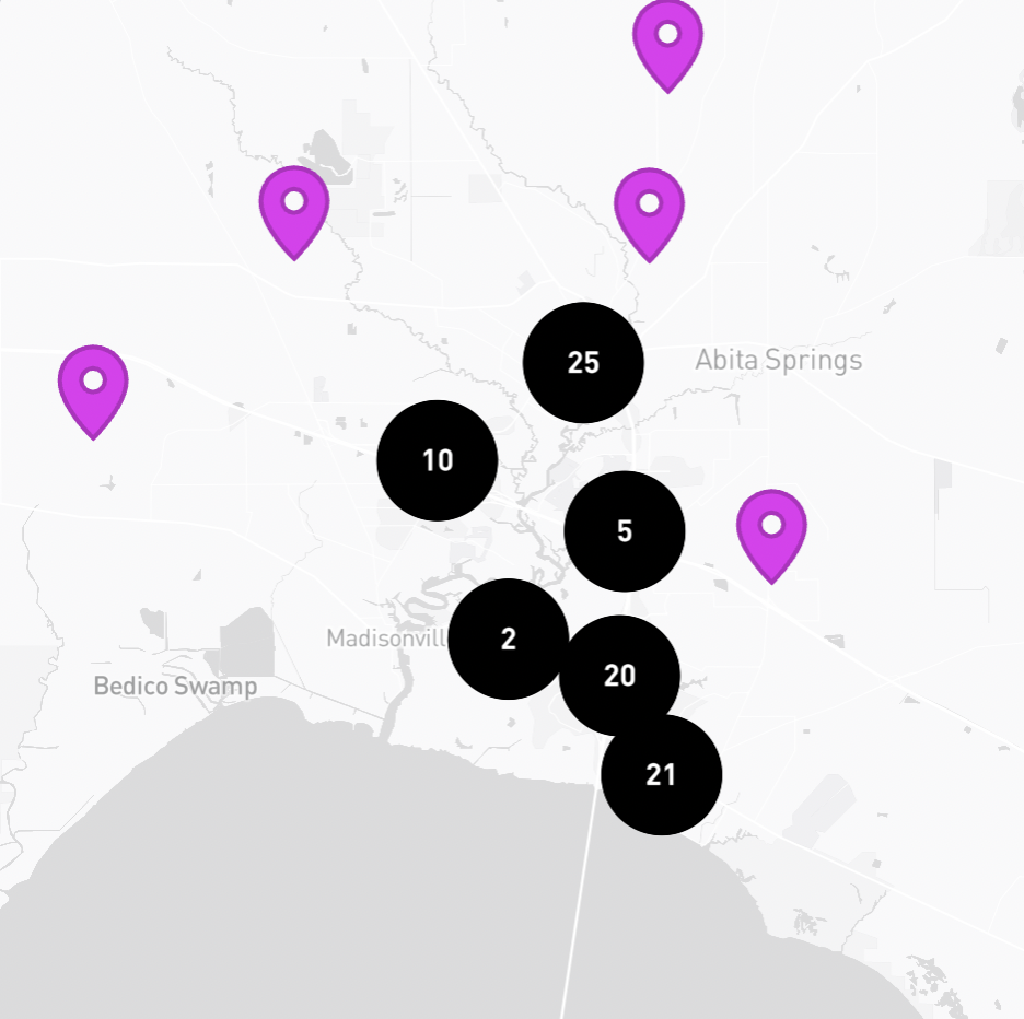 Map showing black circles with numbers 2, 5, 10, 20, 21, 25 representing data points in downtown Mobile, Alabama, and surrounding areas. Purple location markers are scattered around northern and eastern parts of the map.