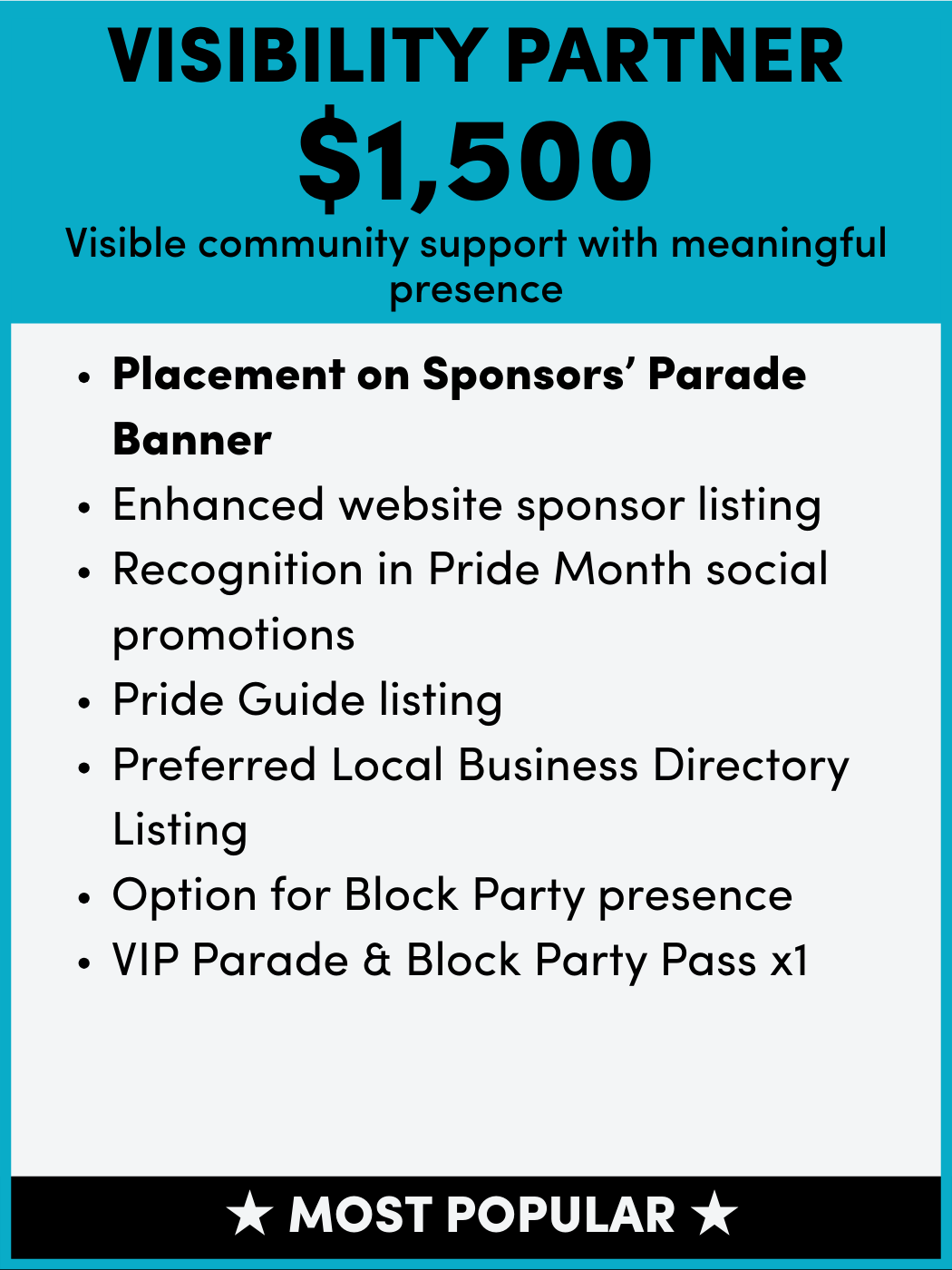 Flyer for visibility partner sponsorship opportunity with a $1,500 donation, including benefits like placement on parade banner, website listing, social media recognition, Pride guide listing, local business directory listing, block party option, and VIP parade pass, with a black footer reading 'Most Popular' with stars on each side.