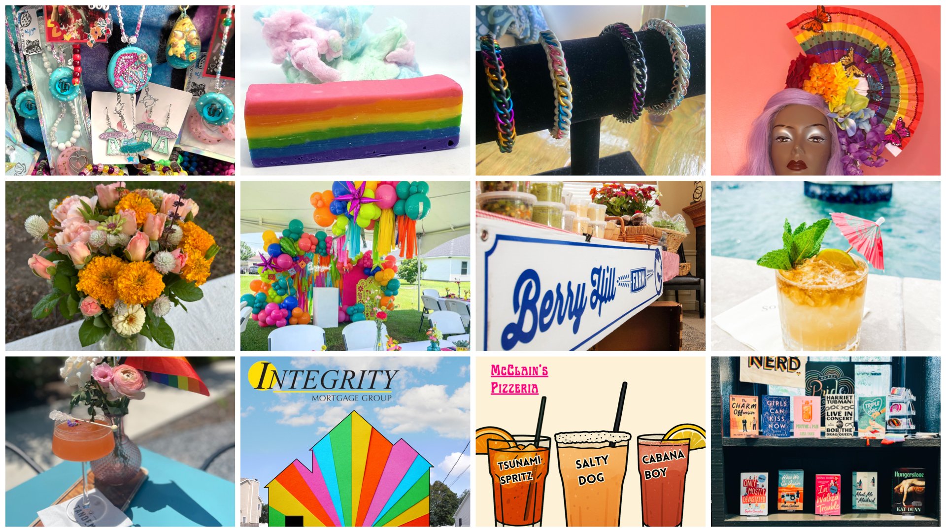 Collage of various colorful scenes including jewelry, rainbow soap, bracelets, a mannequin with purple hair and decorative umbrella, a flower bouquet, a teen outdoor party with balloons, a strawberry lemonade, a flower cocktail, a sign for Berry Hill Farm, a graphic for Integrity Mortgage Group, a menu of drinks with playful names, and a bookshelf of books.