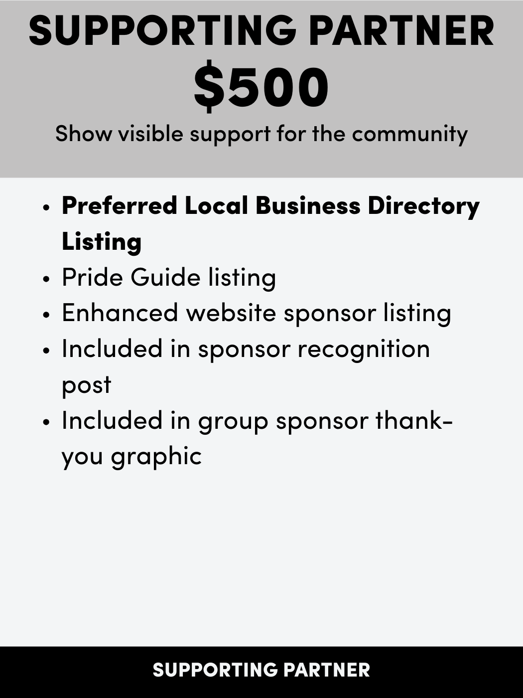 Supporter sign with bold header, $500 donation amount, list of benefits including business listing and recognition, black footer.