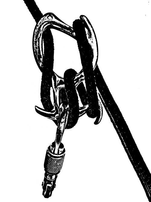 Black and white illustration of a Petzl Pirana rappel device rigged with a black rope.