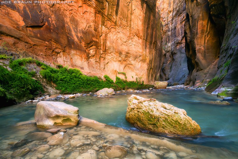 Looking upcanyon towards Wall Street in the Zion Narrows. (Copy)