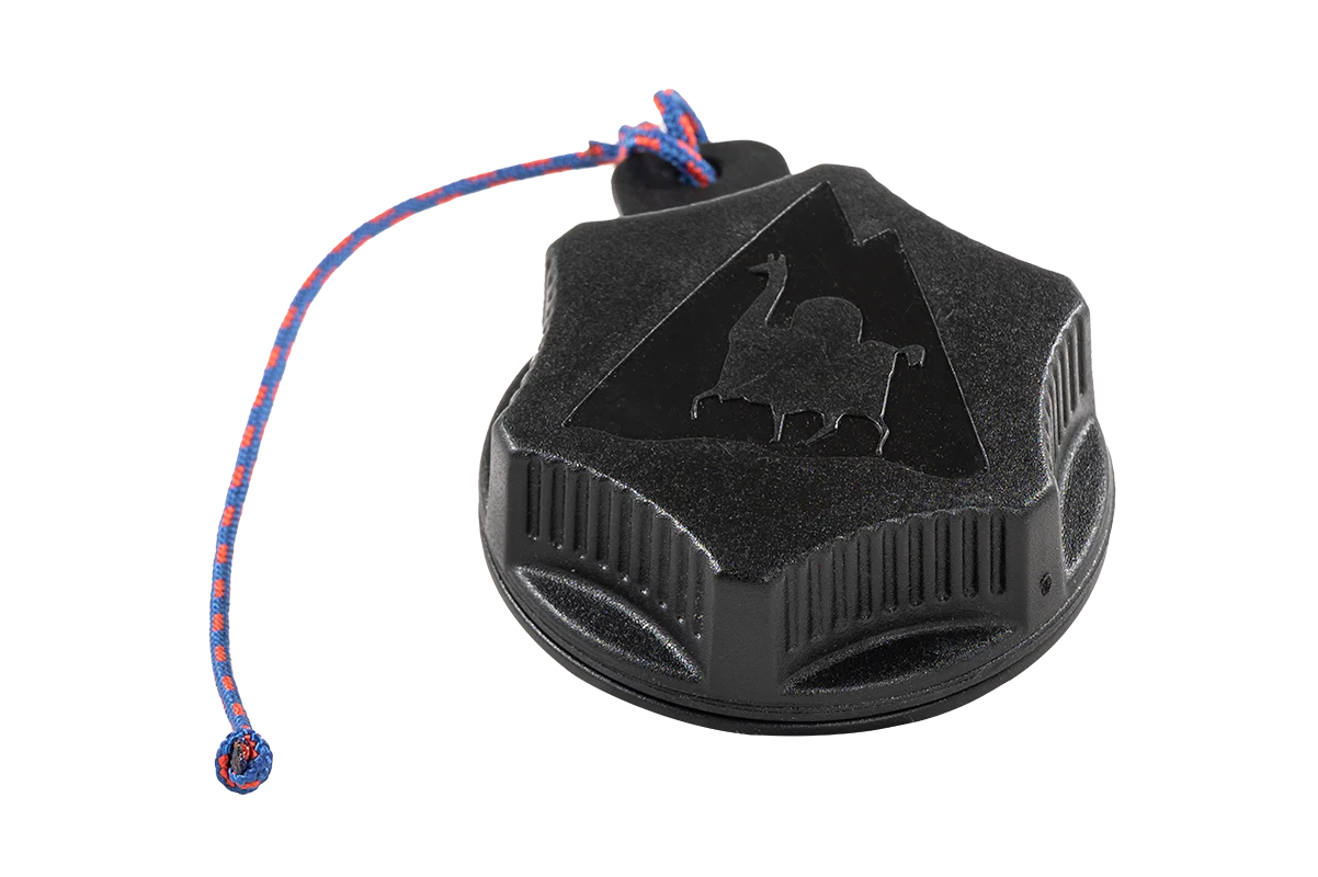 Black plastic container with a red and blue cord, featuring an engraved camel silhouette.