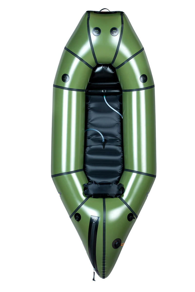 Green inflatable packraft with black accents